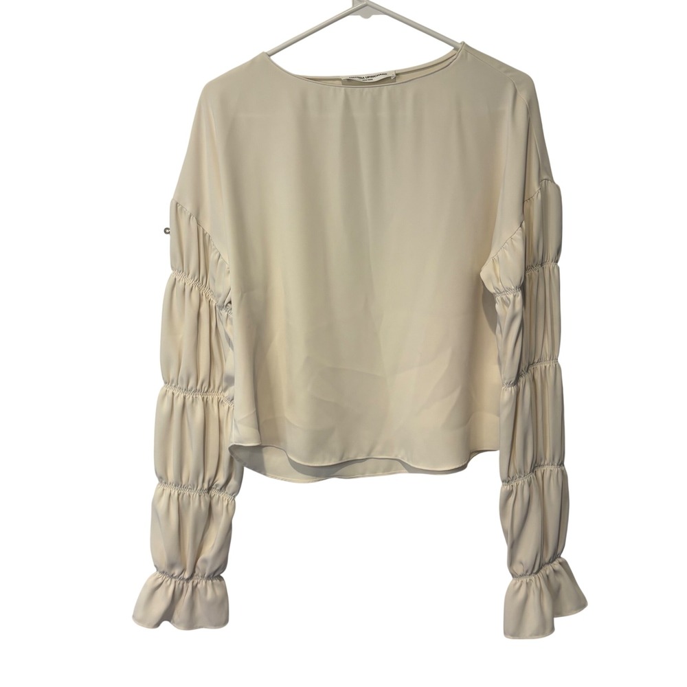 Amanda Uprichard Ruched Sleeve Blouse Women S Ivory Ruffle Boat Neck Fairy Girly